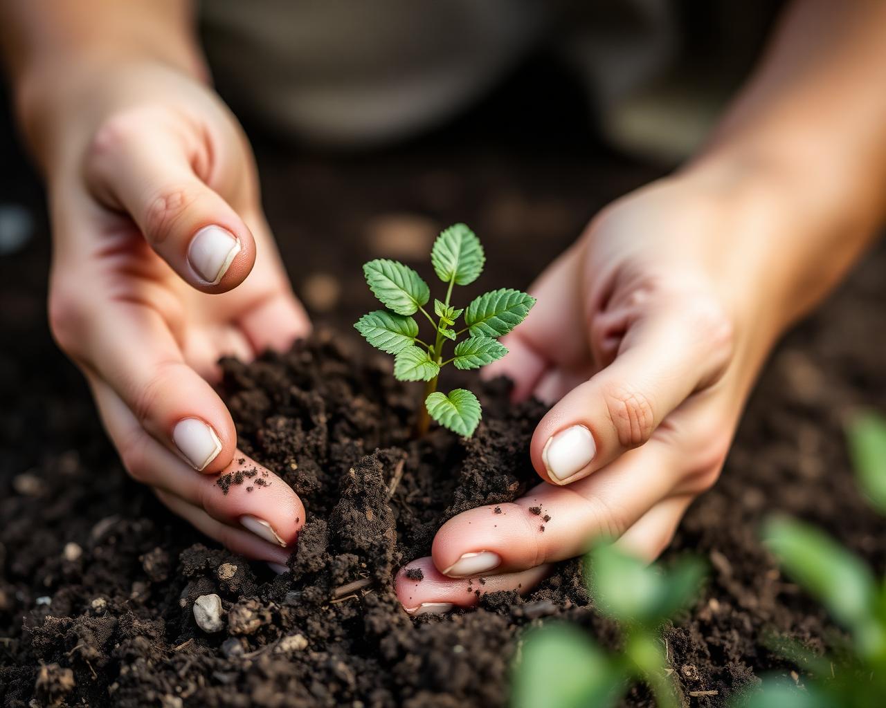 Hands holding a young plant